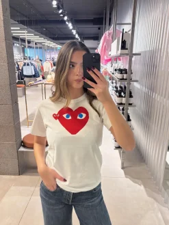 Comme des Garcons Play U T-shirt Red Emblem Knit T-shirt Hvit Og Rød